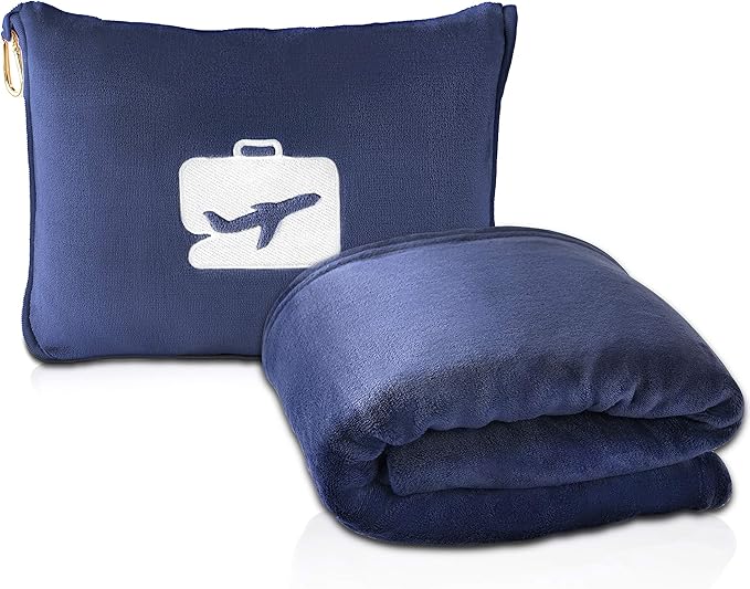 EverSnug, Eversnug Travel Blanket and Pillow - Premium Soft 2 in 1 Airplane Blanket With Soft Bag Pillowcase, Hand Luggage Sleeve and Backpack Clip (navy Blue)