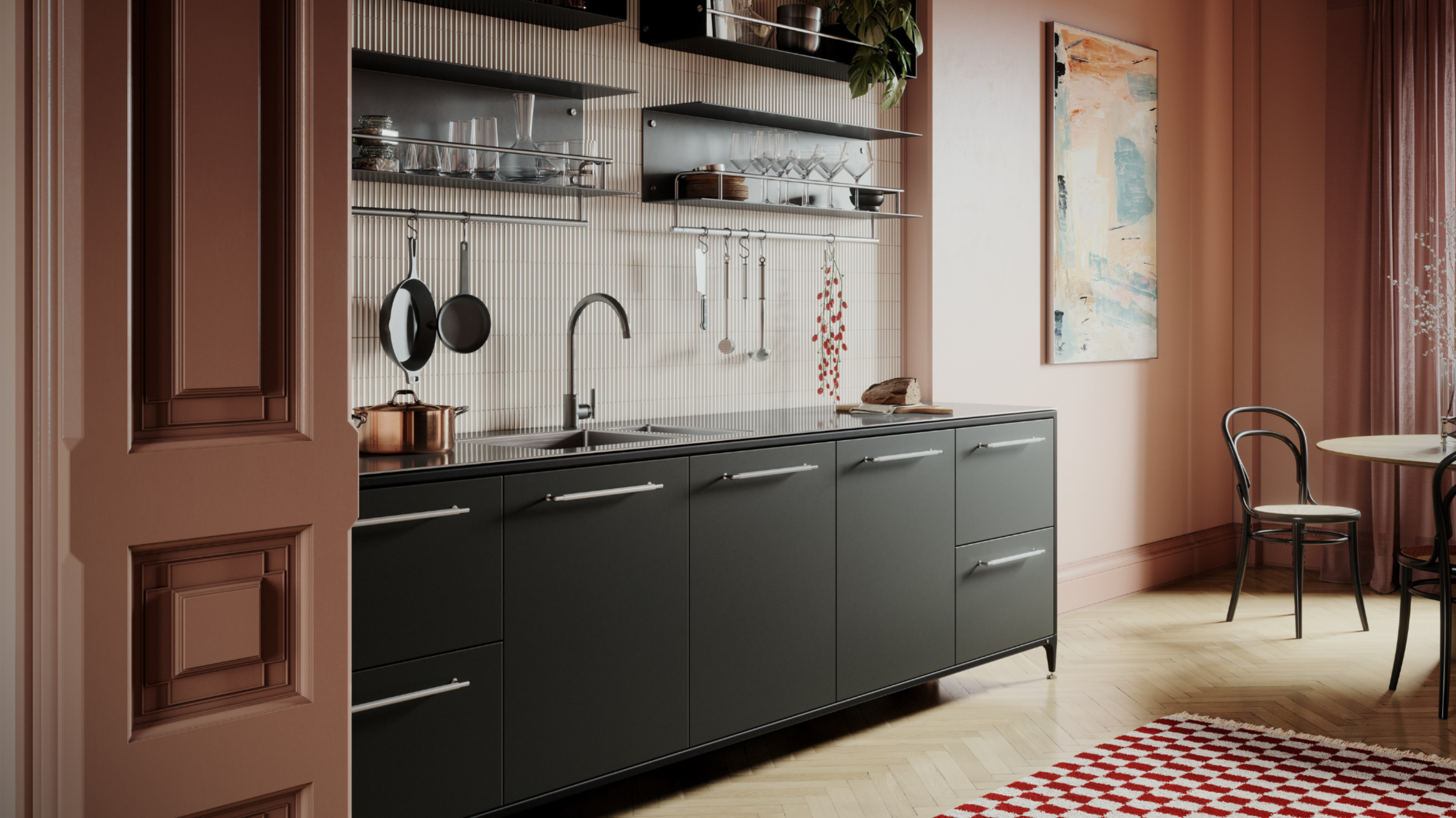 cozy small kitchen with peachy walls and mauve ceilings