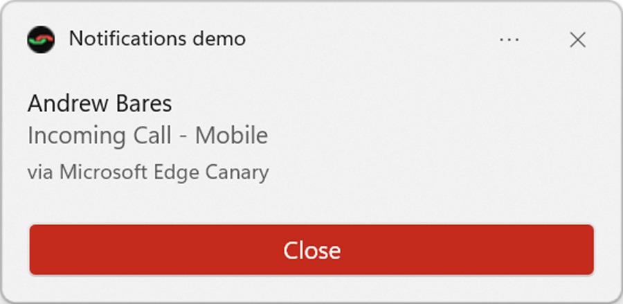 Notification for a call within Microsoft Edge