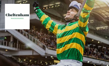 Cheltenham racecourse logo top left with a guy in green and yellow striped top cheering