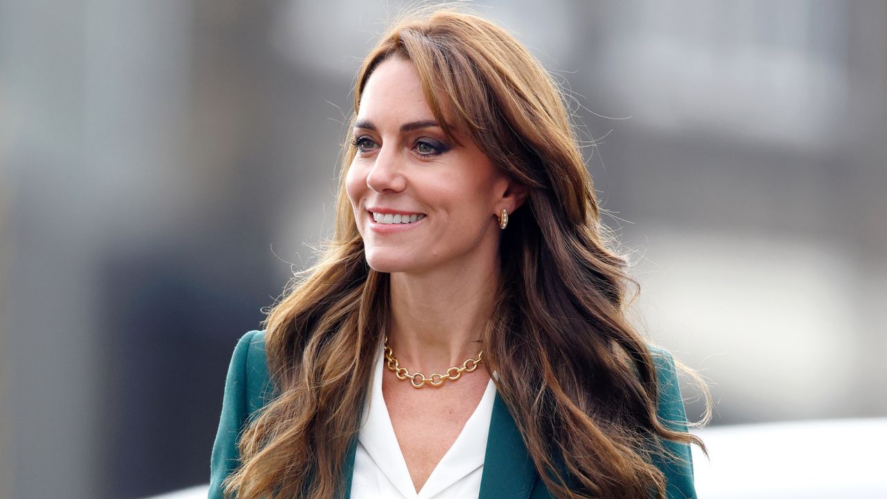 Catherine, Princess of Wales wears a teal pantsuit as she visits AW Hainsworth, a heritage textile mill established in 1783 which manufactures British woollen cloth, high-performing technical textiles and iconic fabrics on September 26, 2023 in Leeds, England. 