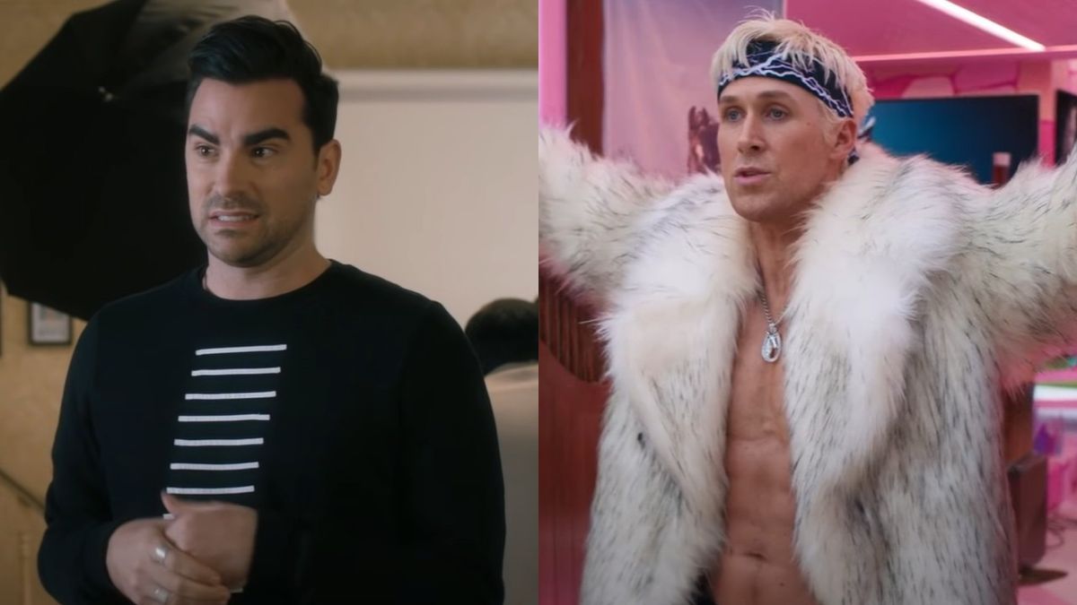 Dan Levy as David in Schitt&#039;s Creek and Ryan Gosling as Ken in Barbie.