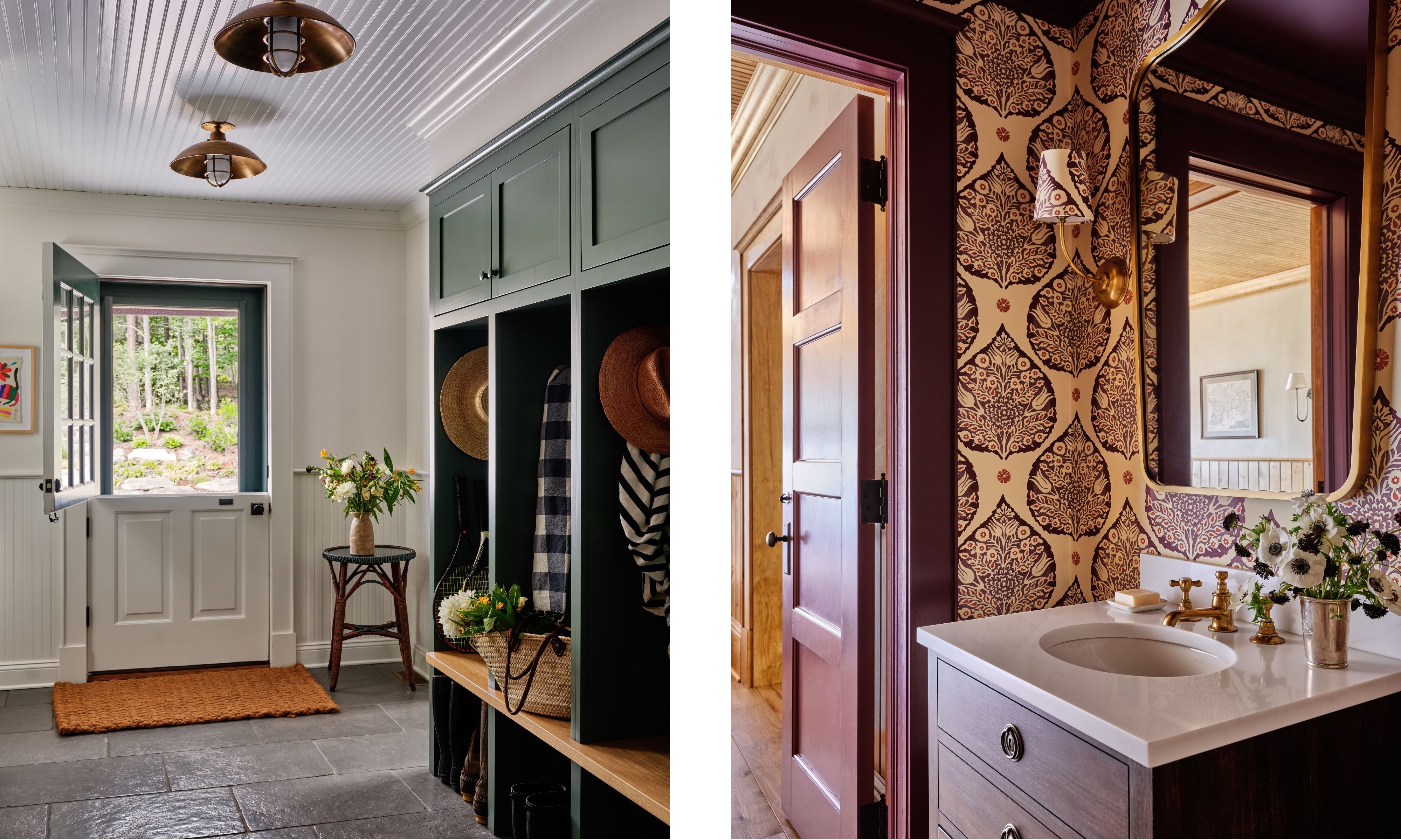 two side by side images of a home in the Catskills, the left a mudroom with white panelling and green cabinetry, the right a burgundy powder room with wallpaper