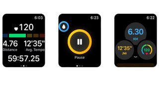 Tre skjermbilder fra appen Runance på Apple Watch