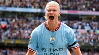 Manchester City striker Erling Haaland celebrates after scoring a goal in Manchester City 6-3 Manchester United in the Premier League on 2 October, 2022 at the Etihad Stadium, Manchester, United Kingdom