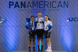 Jennifer Valente on one of her five podiums with a gold medal at 2024 Pan American Track Championships