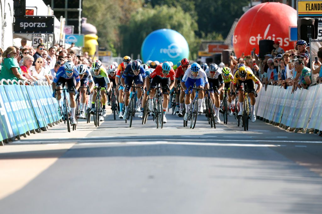 ARDOOIE BELGIUM AUGUST 23 LR Jasper Philipsen of Belgium and Team AlpecinDeceuninck Tim Merlier of Belgium and Team Soudal QuickStep Arne Marit of Belgium and Team IntermarchCircusWanty Laurence Pithie of New Zealand and Team GroupamaFDJ Arnaud De Lie of Belgium and Team Lotto Dstny Dylan Groenewegen of The Netherlands and Team JaycoAlula and Olav Kooij of The Netherlands and Team JumboVisma sprint at finish line during the 19th Renewi Tour 2023 Stage 1 a 1829km stage from Blankenberge to Ardooie on August 23 2023 in Ardooie Belgium Photo by Bas CzerwinskiGetty Images