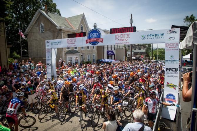 The men roll to the start line on the top of the Manayunk Wall for the 2013 Philly Cycling Classic