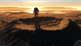 an astronaut on the edge of a crater