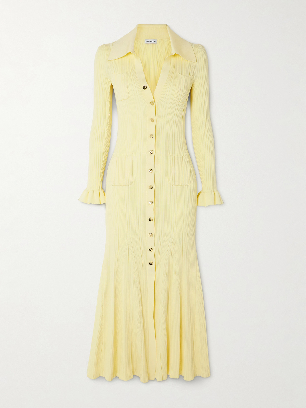 Button-Embellished Ribbed-Knit Midi Dress