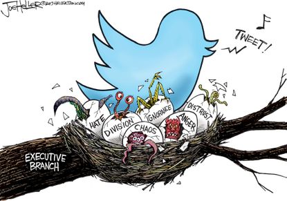 Political cartoon U.S. Trump tweets White House chaos lies hate