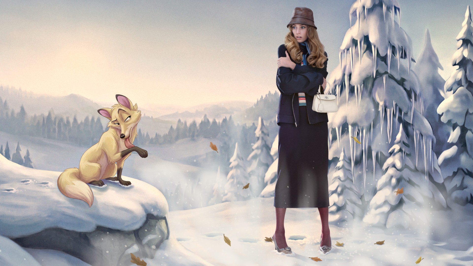 Maya Hawke, in a navy jacket, long skirt and brown bucket hat, hugs herself against the cold in a snowy forest, holding a small white Prada handbag, while a hand-drawn fox licks its paw