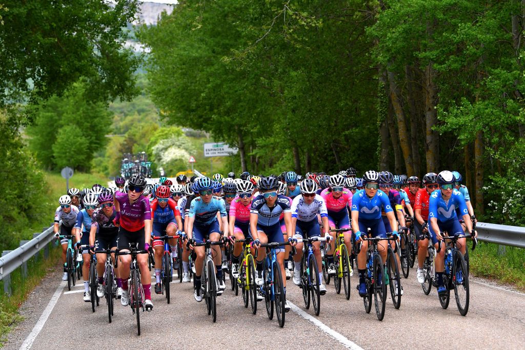 VILLARCAYO SPAIN MAY 21 The peloton passing through landscape during the 6th Vuelta A Burgos Feminas 2021 Stage 2 a 97km stage from Pedrosa de Valdeporres to Villarcayo VueltaBurgos BurgosFem UCIWWT on May 21 2021 in Villarcayo Spain Photo by Luc ClaessenGetty Images