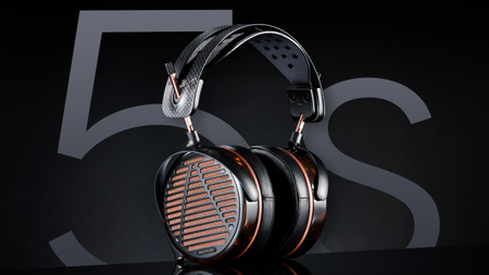Audeze LCD-5s headphones on a black background with the number 5 and letter S in a dark grey