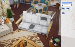 The Sims 5, Project Rene development progress on Create-A-Style showing a white couch with geometric pattern and custom cushion backs.