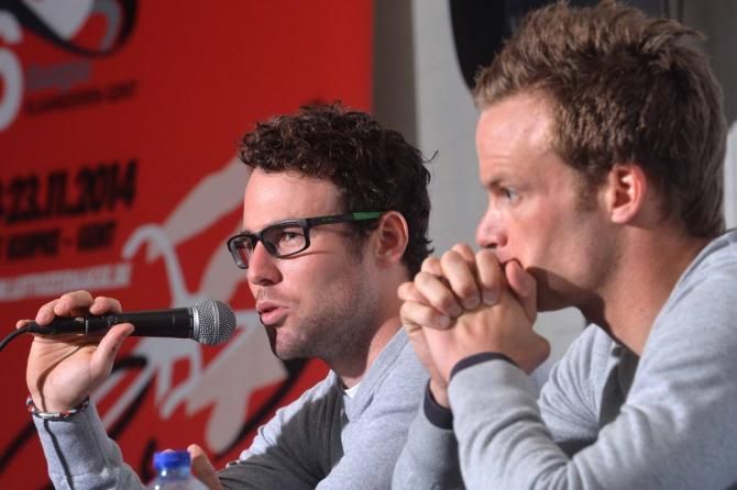 Mark Cavendish and Iljo Keisse answer questions from the media