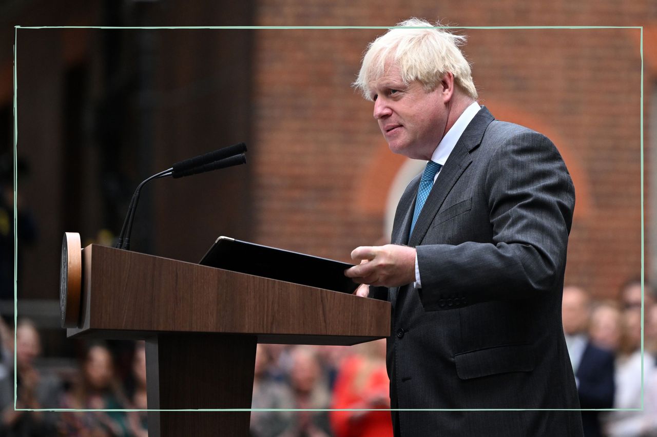 A side profile of Boris Johnson giving his farewell speech outside number 10