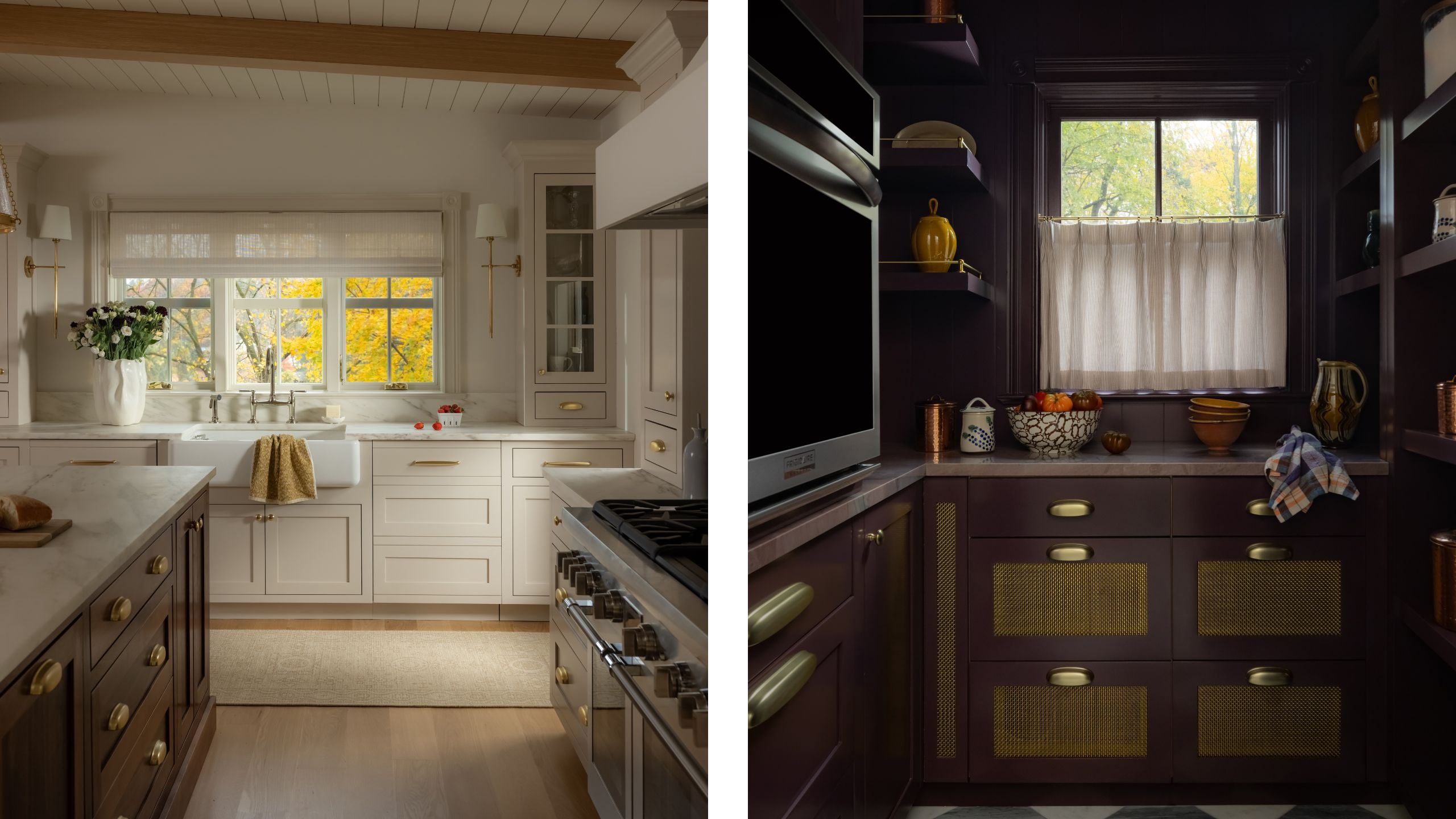 two side by side images of a traditional beige kitchen with shaker cabinetry, dark wooden island, large range cooker, paneled ceiling and layered decor next to a dark purple pantry