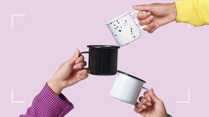 Collection of hands holding colorful tin mugs, representing alternatives to caffeine