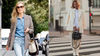 best shirts for women, how to style a shirt, composite of two women in street style shots wearing blazers over shirts