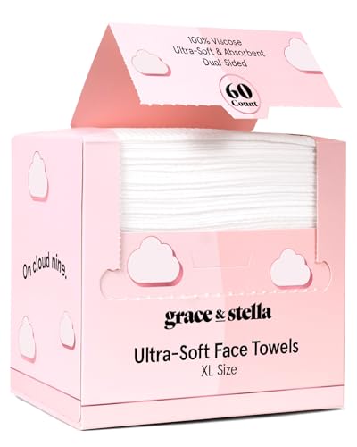 Grace &amp;amp; Stella Face Towels Disposable - Travel Essentials - Ultra-Soft &amp;amp; Absorbent Face Wipes Towelettes - Xl Facial Towels for Cleansing &amp;amp; Makeup Removal - Lint-Free Facial Tissue - Vegan (60 Count)