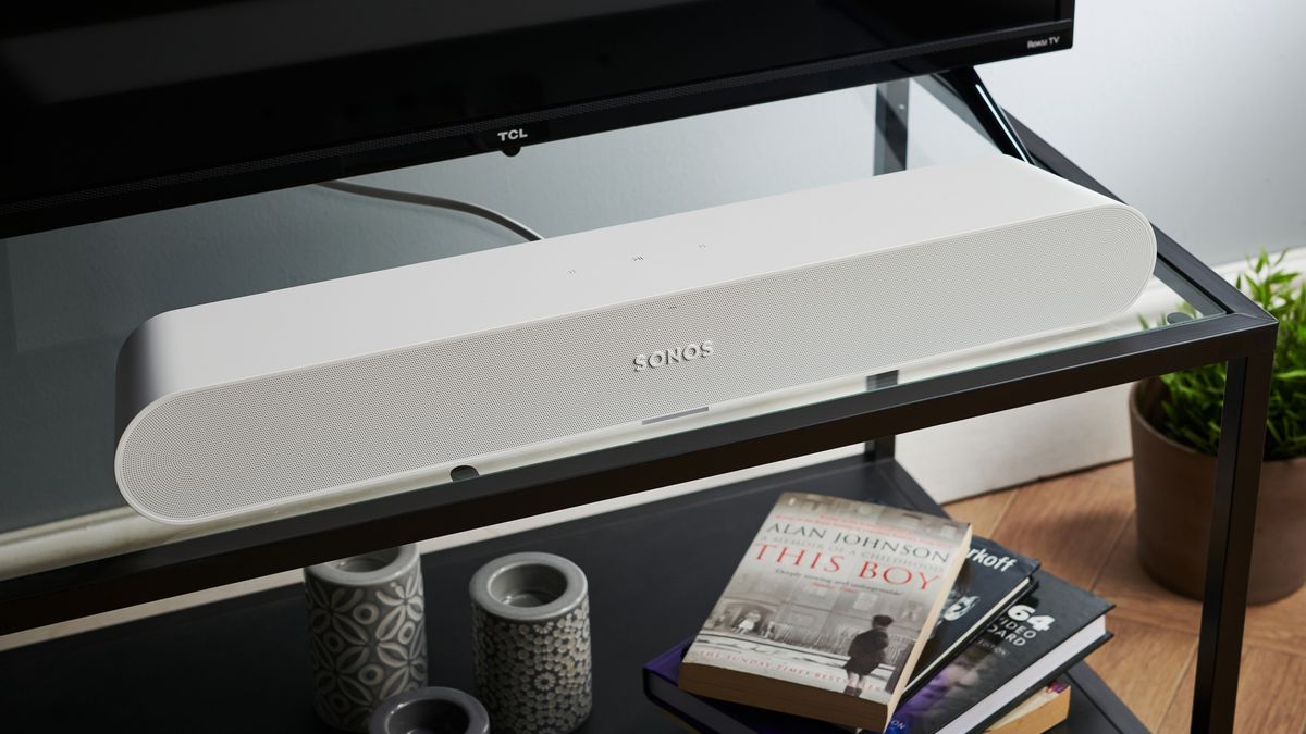 Sonos Ray on glass shelf in living room