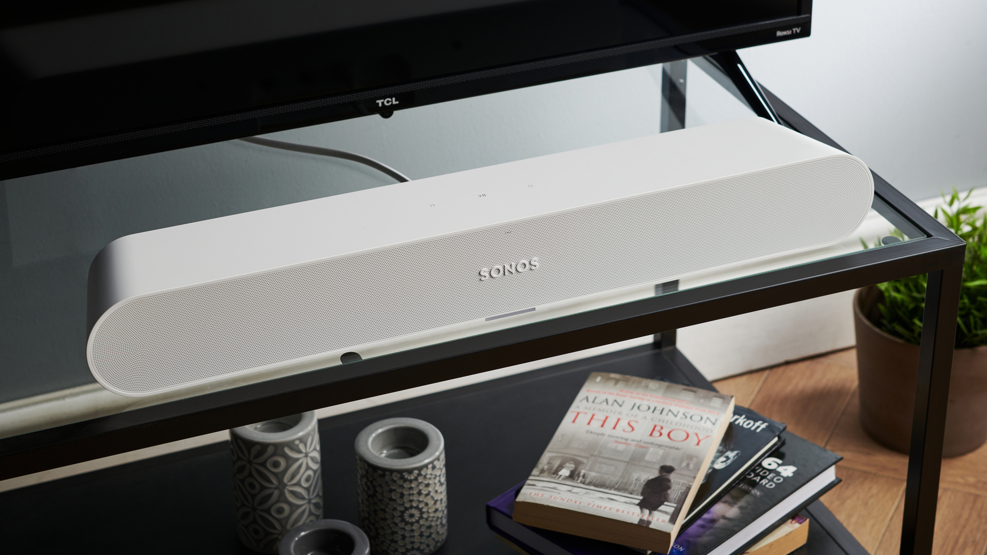 Sonos Ray on the glass shelf in the living room