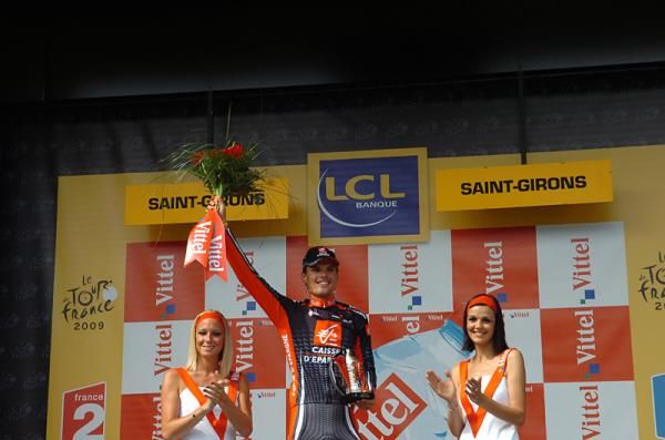 Spaniard Luis Le&oacute;n S&aacute;nchez (Caisse d'Epargne) on the podium after winning Tour de France stage eight in Saint-Girons.