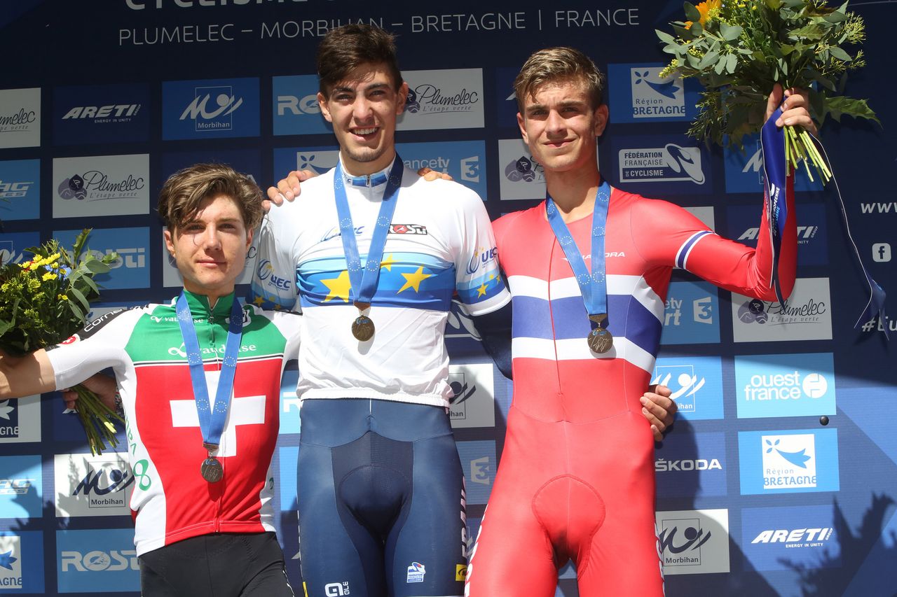 The final podium of Brunel, Hirschi, and Knotten after the time trial