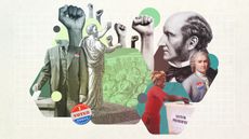 An illustrated collage of fists in the air, voting stickers, and leaders of democratic movements