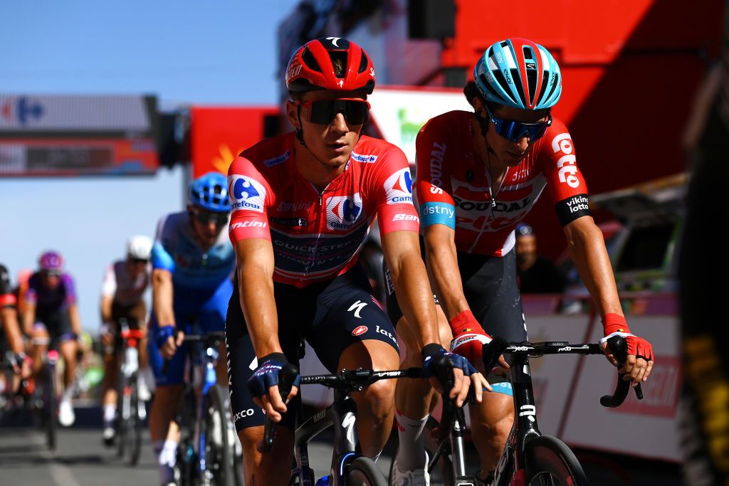 MONTILLA SPAIN SEPTEMBER 02 Remco Evenepoel of Belgium and Team QuickStep Alpha Vinyl Red Leader Jersey crosses the finish line during the 77th Tour of Spain 2022 Stage 13 a 1684km stage from Ronda to Montilla 315m LaVuelta22 WorldTour on September 02 2022 in Montilla Spain Photo by Tim de WaeleGetty Images