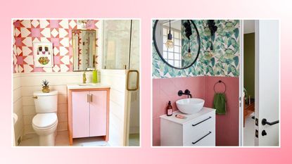two small pink bathrooms on a pink background with a white border around them