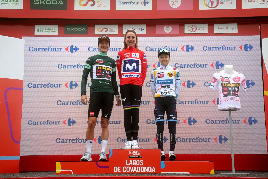 LAGOS DE COVADONGA SPAIN MAY 07 LR Green points jersey Marianne Vos of The Netherlands and Team JumboVisma race winner Annemiek Van Vleuten of The Netherlands and Movistar Team Red Leader Jersey and Gaia Realini of Italy and Team TrekSegafredo Polka dot Mountain Jersey pose on the podium ceremony after the 9th La Vuelta Femenina 2023 Stage 7 a 937km stage from Pola de Siero to Lagos de Covadonga 1079m UCIWWT on May 07 2023 in Lagos de Covadonga Spain Photo by Dario BelingheriGetty Images