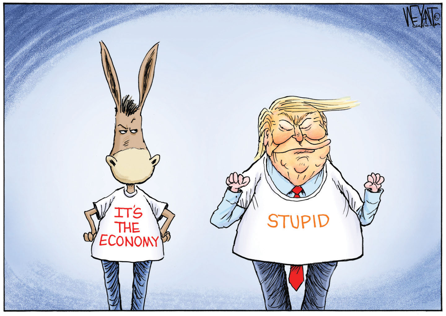 This cartoon depicts a donkey on the left, wearing a T-shirt with "IT'S THE ECONOMY" written on it and looking displeased. On the right, Donald Trump wears a T-shirt with "STUPID" written on it.