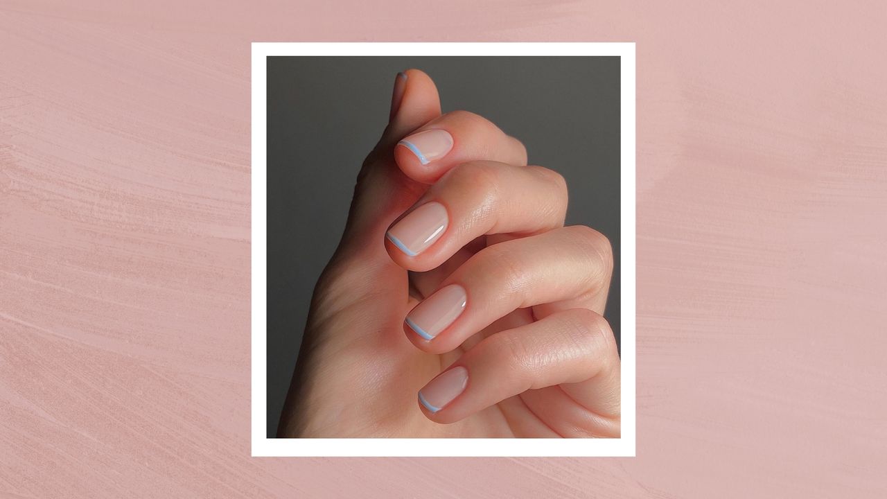 Natural glossy square nails with pastel blue French tip/ in a pink template