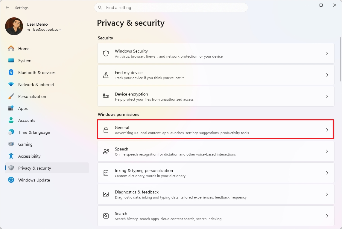 Open General settings