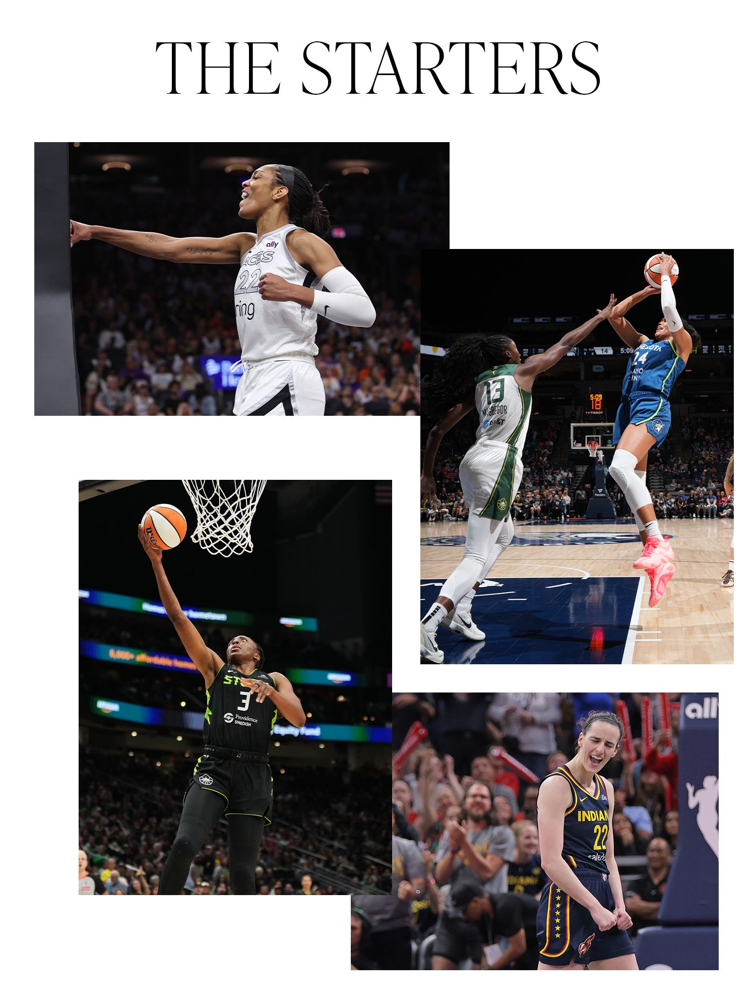 A collage with the words "THE STARTERS" on the top above photos of A'ja Wilson, Napheesa Collier, Caitlin Clark, and Nneka Ogwumike.