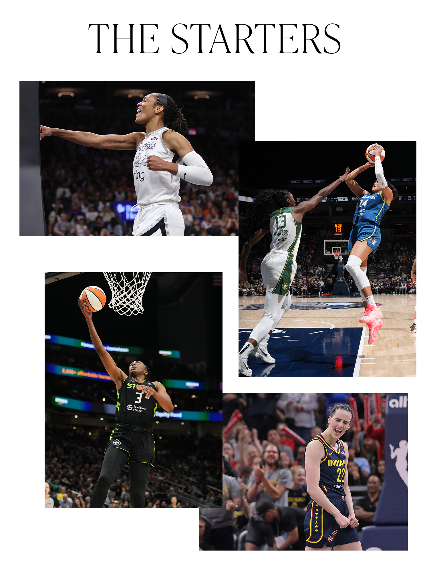 A collage with the words "THE STARTERS" on the top above photos of A'ja Wilson, Napheesa Collier, Caitlin Clark, and Nneka Ogwumike.