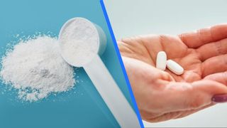A split screen shows an image of glycine powder and an image of a woman's hand holding magnesium tablets. 