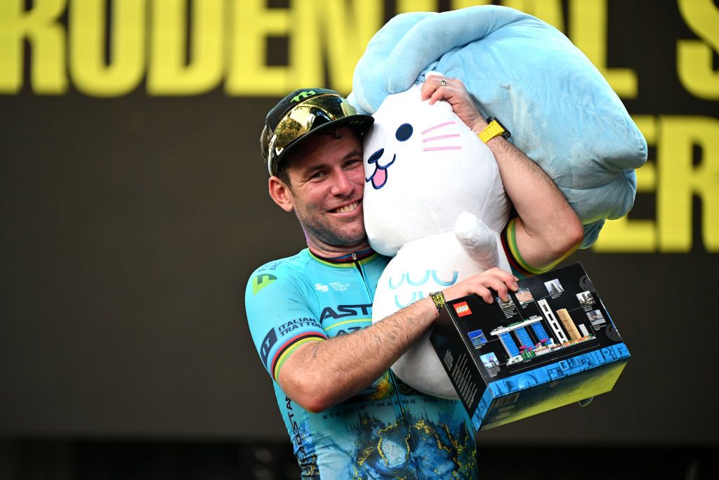 SINGAPORE SINGAPORE NOVEMBER 10 Mark Cavendish of The United Kingdom and Astana Qazaqstan Team celebrates at podium as race winner during the 3rd Tour de France Prudential Singapore 2024 Criterium a 575km one day race from Singapore to Singapore on November 10 2024 in Singapore Photo by Tim de WaeleGetty Images