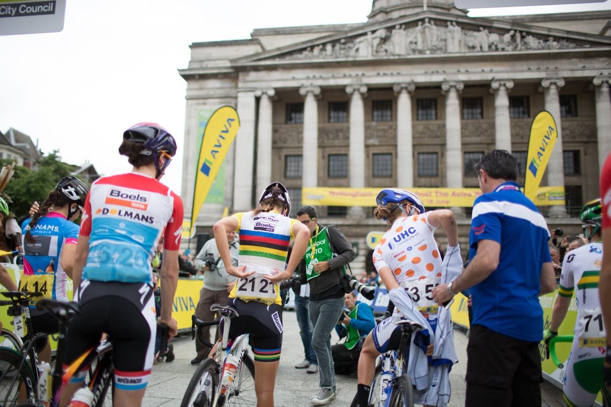 Riders prepare for the start of stage 4 at the Aviva Women's tour
