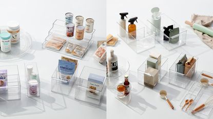 The Container Store organization products clear boxes and storage for kitchen, bathroom and bedroom