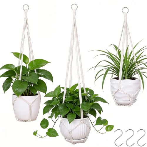 Yibot 3 Pack Macrame Plant Hanger Indoor Hanging Planter for Plants Holder With 3 Hooks, 35"/29"/23" Size No Tassels for Boho Home Decor, Ivory (pots Not Included)