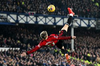 Alejandro Garnacho scores an overhead kick for Manchester United against Everton at Goodison Park in November 2023.