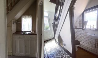 Before and after under stairwell shot with tiled floor and fresh white paint on side of staircase