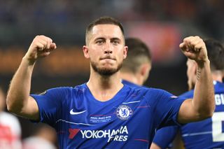 Eden Hazard celebrates after Chelsea beat Arsenal in the Europa League final in 2019.