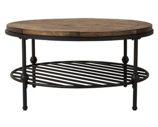 A wood top coffee table with metal grid shelf