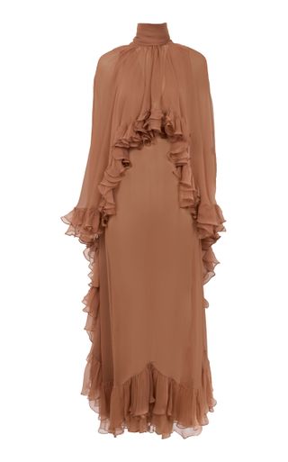 Cape-Detailed Ruffled Organic Silk Maxi Dress