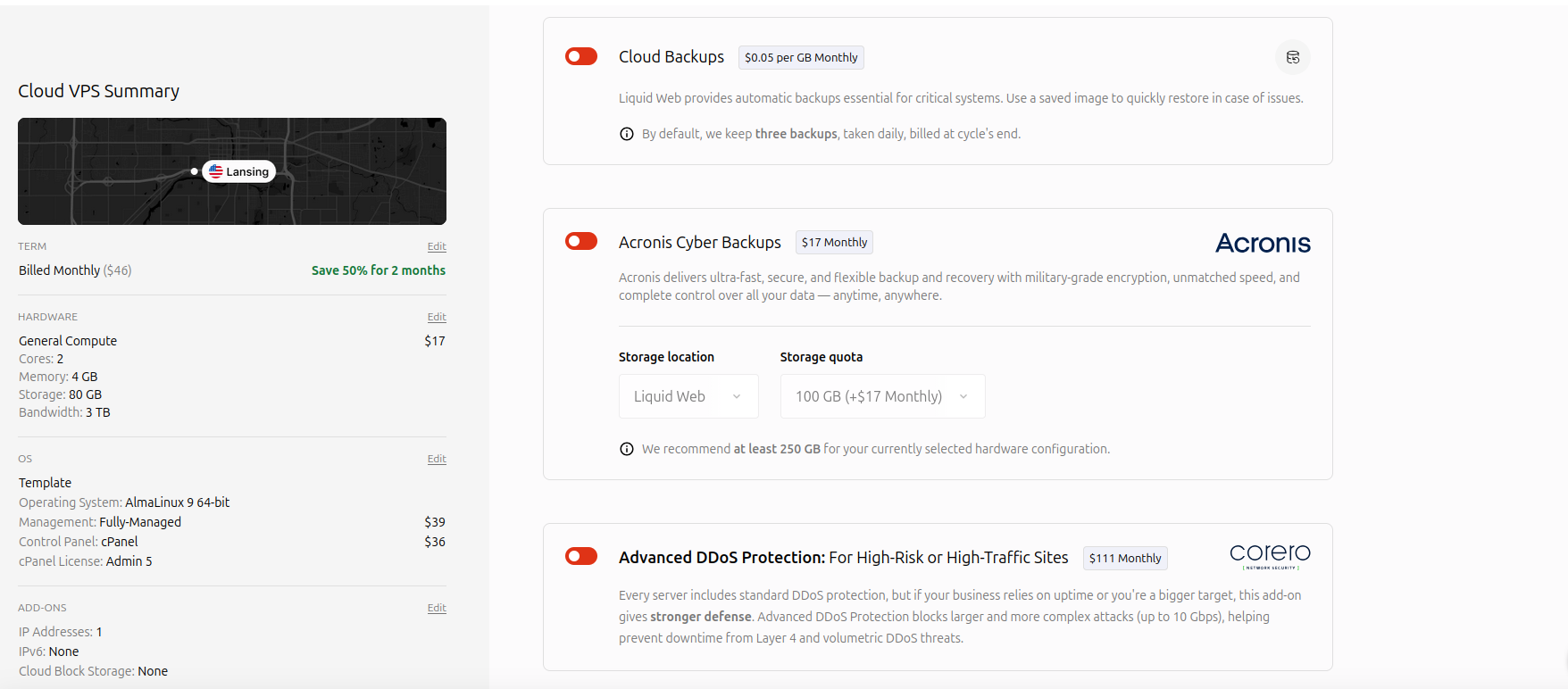 Some of the add-ons for VPS plans on Liquid Web
