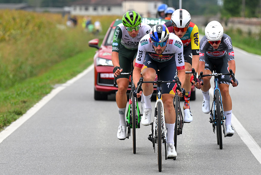 Stage 2 of the 2025 Vuelta a Espana: Nico Denz (Red Bull-Bora-Hansgrohe), Liam Slock (Lotto), and Gal Glivar riding